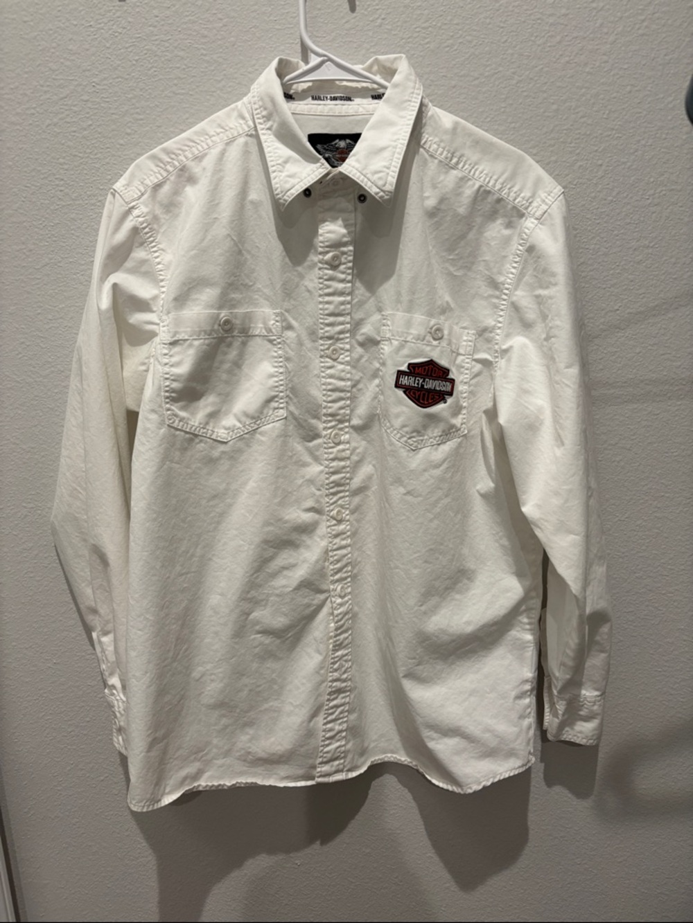 Harley-Davidson White Long Sleeve Button-Down Shirt with Red Chest Patch